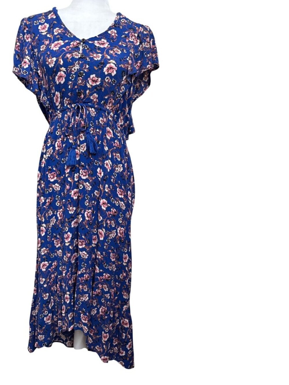 Knox Rose Maxi Blue Floral High-Low Hem a button-down bodice Dress Sz M